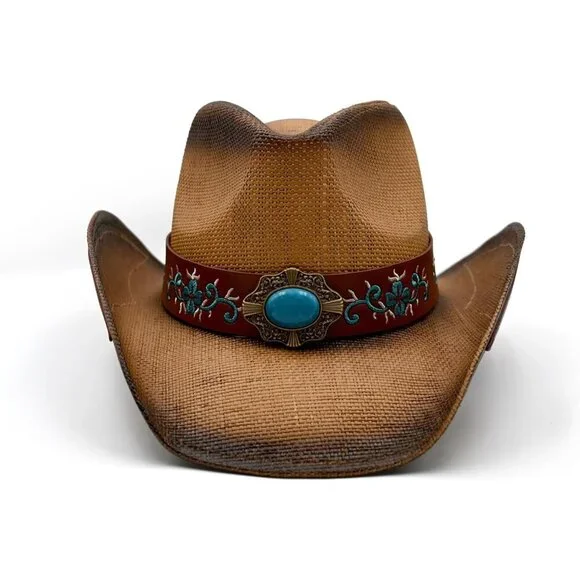 Women's Coffee Straw Cowgirl Woven Western Two Decorative Bands Sun Hat - Picture 2 of 4